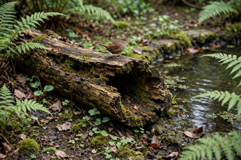 fallen log landscaping: a hollow log by a garden pond with a wren perched on top