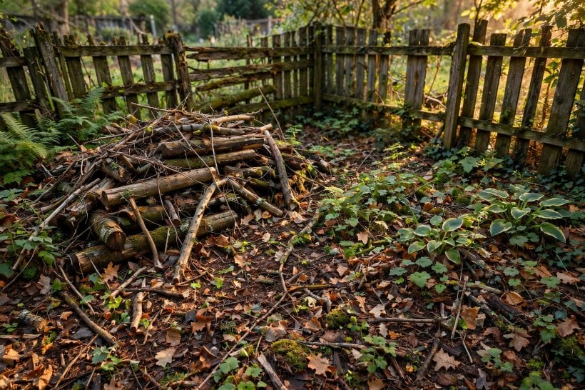 fallen log landscaping: a stacked log pile and leaf litter in the wild back corner of a garden