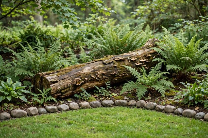 fallen log landscaping: a hero log in a shade bed framed by a stone border and mown path