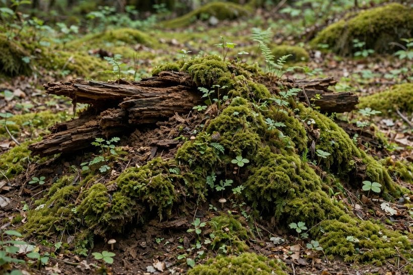 fallen log landscaping: an old log crumbled into a moss-covered humus mound with woodland plants