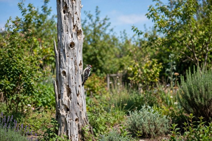 fallen log landscaping: a standing dead snag with woodpecker holes in a garden