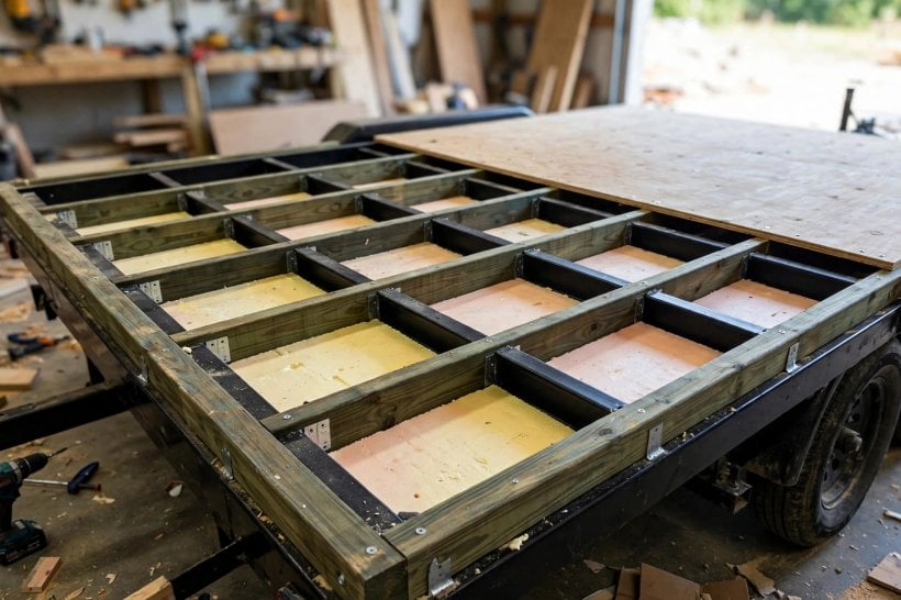 Fasten Subfloor to a Steel Trailer: the assembly stack of steel cross-members, rigid foam, sill plates and joists