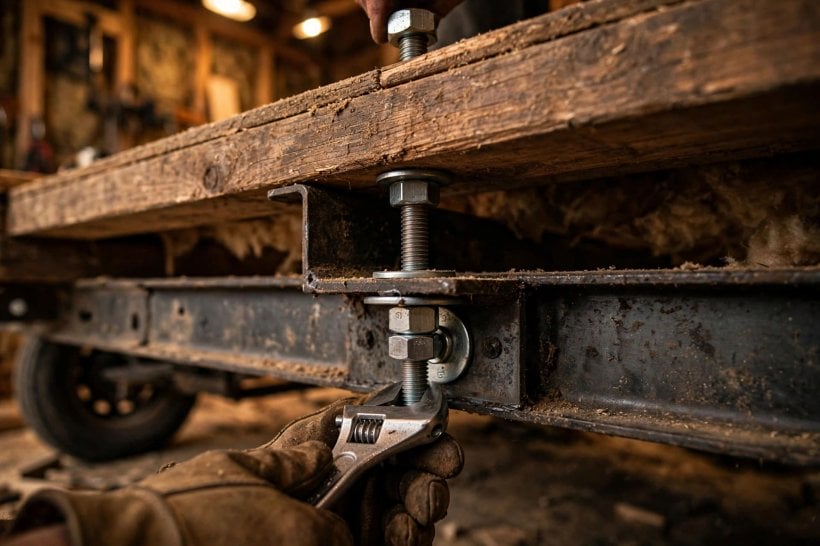 Fasten Subfloor to a Steel Trailer: tightening a through-bolt with washer and lock nut from beneath the frame