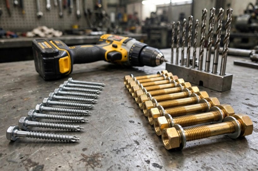Fasten Subfloor to a Steel Trailer: self-tapping TEK screws beside Grade 8 through-bolts on a workbench