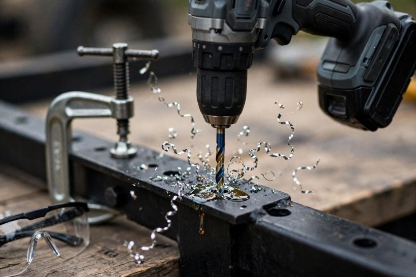 Fasten Subfloor to a Steel Trailer: drilling a bolt hole in the steel flange with cutting oil