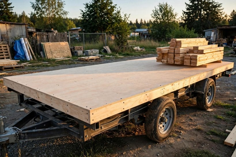 Fasten Subfloor to a Steel Trailer: the completed subfloor deck ready for wall framing
