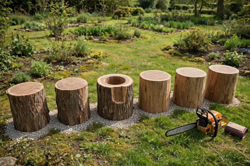 Fire Pit Seating: a half-log bench with a log backrest facing the fire