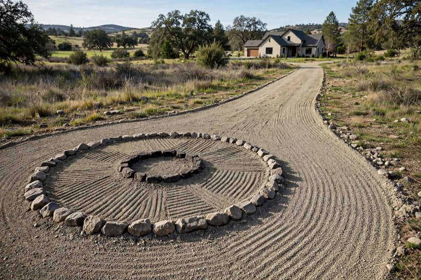 Fire Pit Seating: stump side tables and a covered wood rack beside the circle