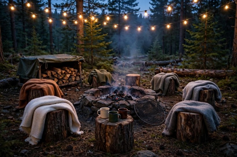 Fire Pit Seating: the finished gathering circle at twilight with string lights