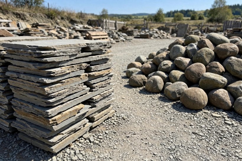 Flagstone vs Fieldstone: flat quarried flagstone slabs stacked beside a pile of rounded fieldstones