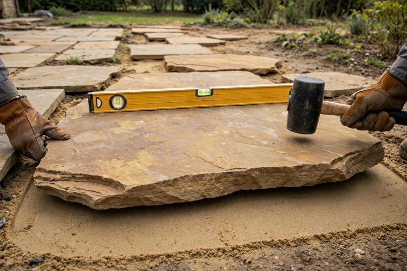 Flagstone vs Fieldstone: a sandstone flagstone slab being dry-laid on a sand bed with a mallet and level