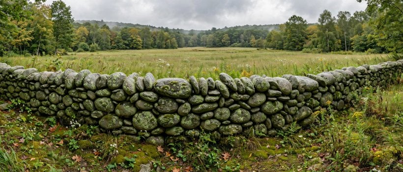 Flagstone vs Fieldstone: a lichen-covered granite fieldstone wall along a meadow