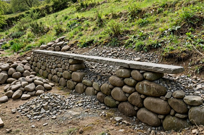 Flagstone vs Fieldstone: a fieldstone retaining wall under construction with hearting packed behind the courses