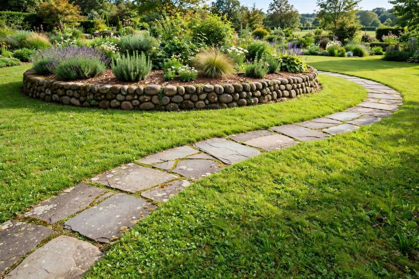Flagstone vs Fieldstone: a flagstone stepping-stone path curving past a fieldstone-edged planting bed