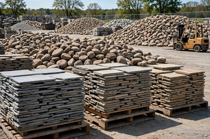 Flagstone vs Fieldstone: pallets of flagstone and bulk piles of fieldstone at a stone supply yard
