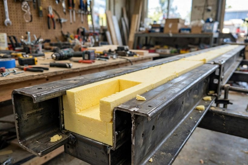 floor insulation calculator: steel trailer frame with insulation fitted between the rails