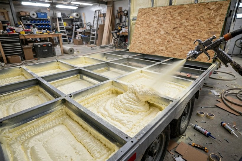 floor insulation calculator: spray foam sealing insulation inside trailer frame bays
