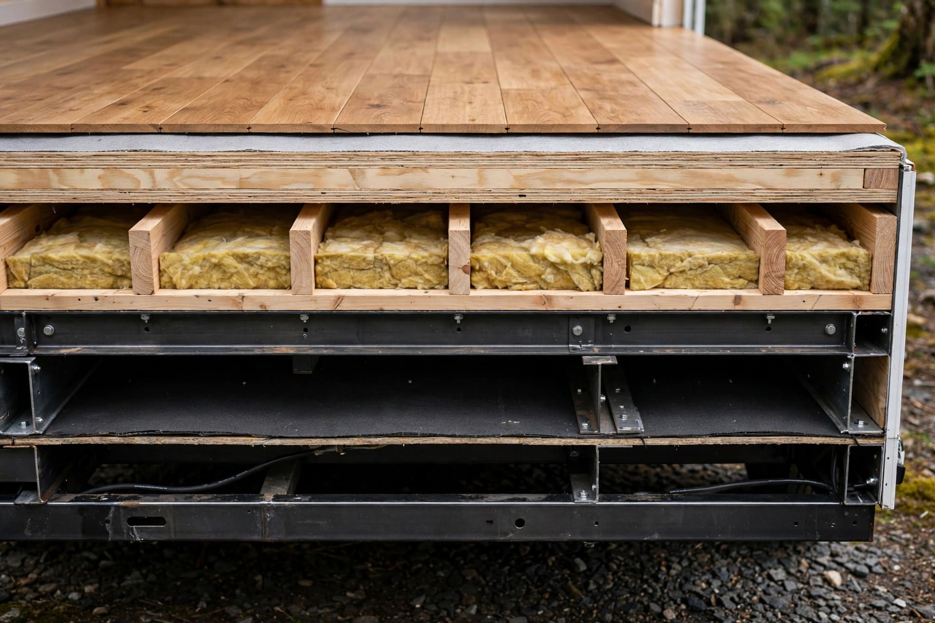flooring weight calculator: cross-section of finish floor over subfloor and trailer frame