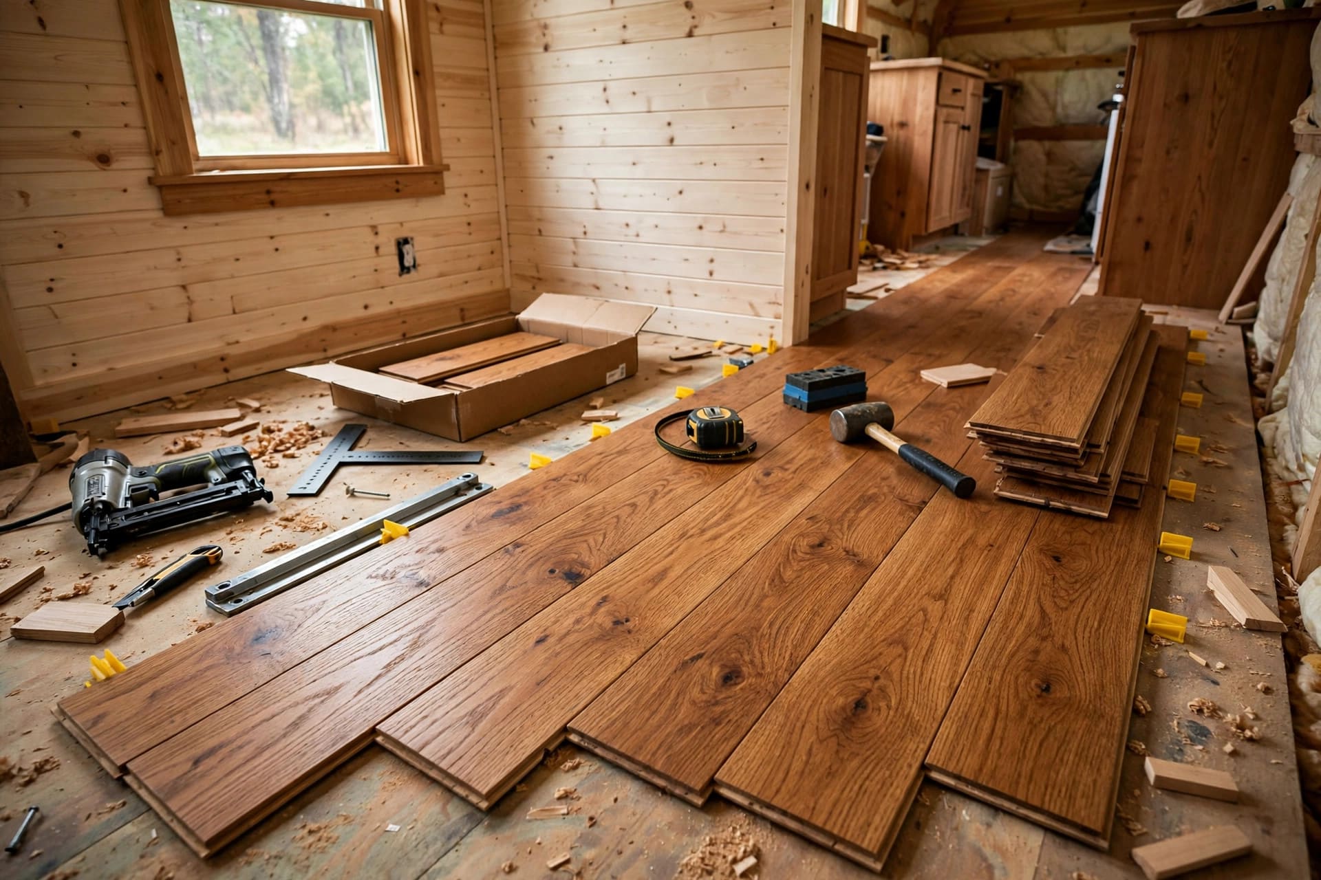 flooring weight calculator: solid oak hardwood boards installed in a tiny house