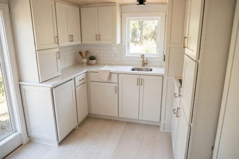 flooring weight calculator: pale luxury vinyl plank floor in a tiny house kitchen