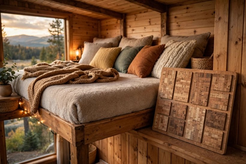 flooring weight calculator: carpeted sleeping loft with cork floor sample beside it