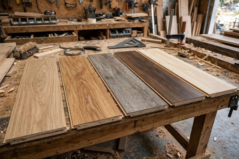 flooring weight calculator: engineered wood and laminate board samples compared on a workbench