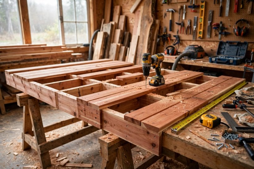 foldable outdoor deck: building the timber frame and panels in a workshop