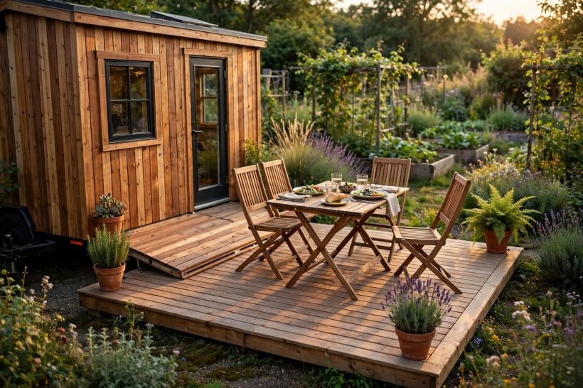 foldable outdoor deck: outdoor dining setup with folding table and chairs
