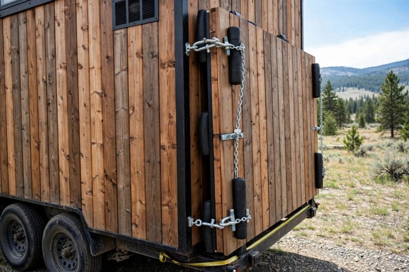 folding deck designs: a wooden deck folded flat against the wall and locked with safety chains
