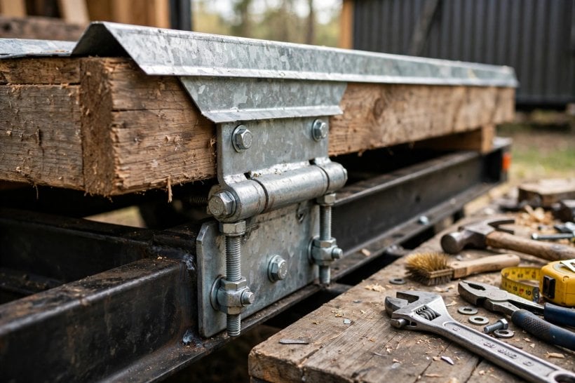 folding deck designs: heavy-duty strap hinge and through-bolts on the ledger board