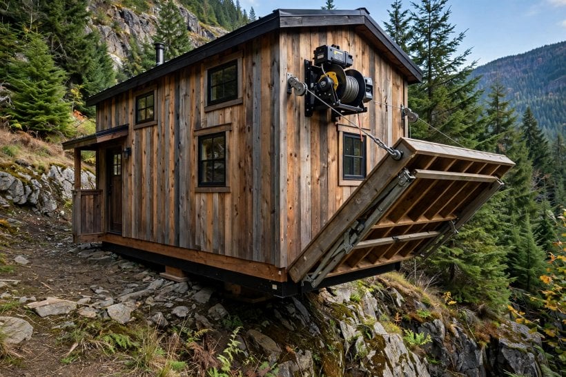 folding deck designs: a winch and cables raising a large deck drawbridge-style