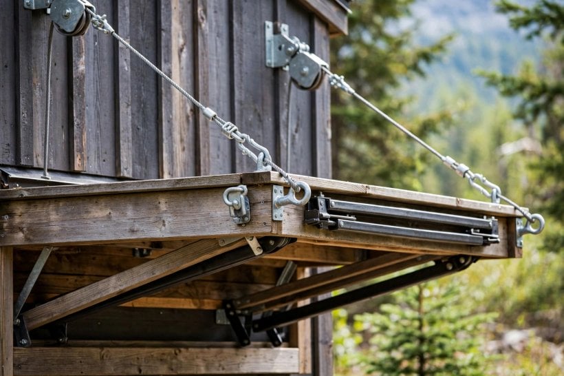 folding deck designs: steel cables, high pulley points and folding legs under the deck