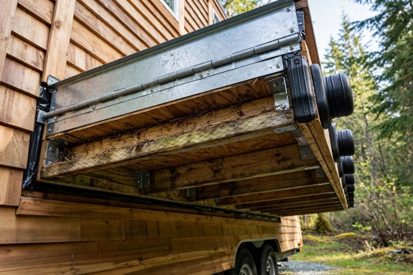 folding deck designs: Z-flashing and rubber bumpers on the folded deck underside
