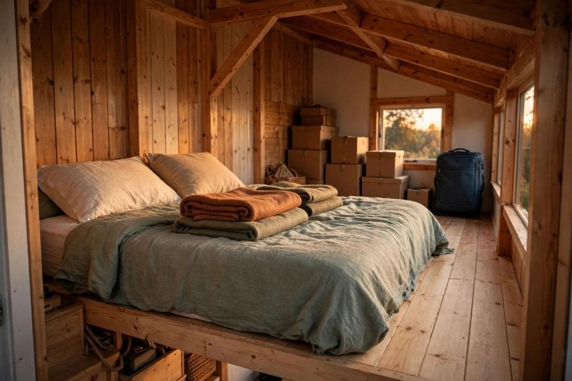 how to frame a tiny house loft: a loaded sleeping loft with mattress, bedding and stored boxes