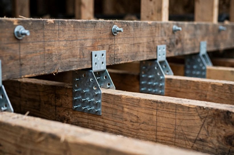 how to frame a tiny house loft: joists seated in hangers on a bolted ledger board