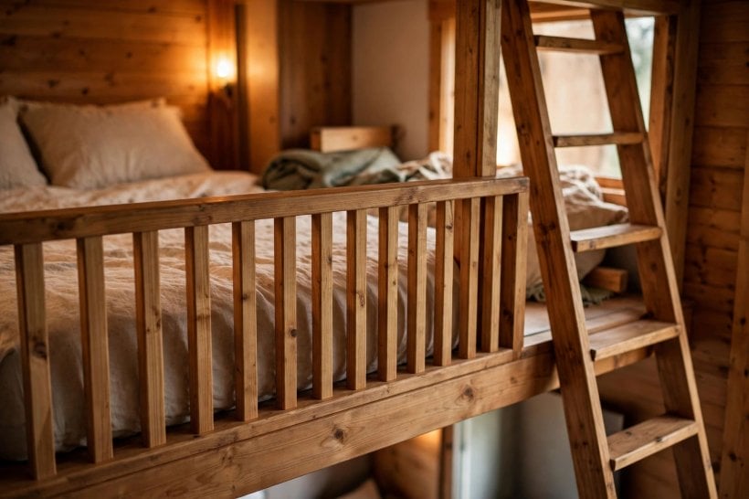 how to frame a tiny house loft: a guardrail and ladder opening at the open loft edge