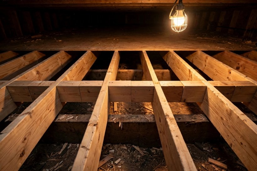 how to frame a tiny house loft: solid blocking fitted between joists mid-span