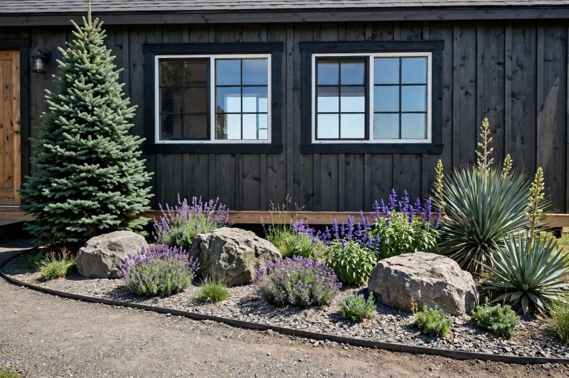 Front Yard Rock Landscaping: a foundation bed with gravel mulch, boulders and a dwarf conifer