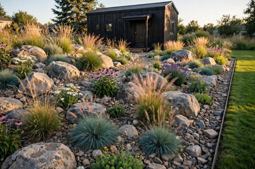 Front Yard Rock Landscaping: a gravel field with boulder groupings replacing the front lawn