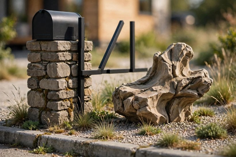 Front Yard Rock Landscaping: a stone pillar mailbox and one sculptural boulder at the curb