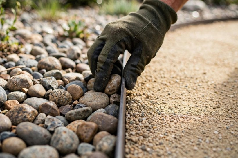 Front Yard Rock Landscaping: crisp steel edging between a gravel bed and the path