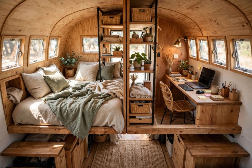 gooseneck tiny house floor plans: split platform with a sleeping nook and a compact office divided by open shelving