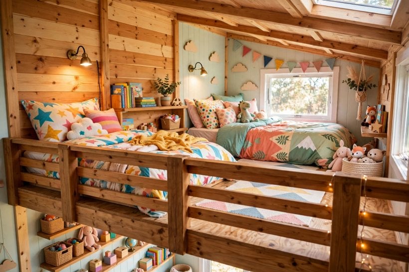 gooseneck tiny house floor plans: kids' loft platform with twin beds and a safety guard rail
