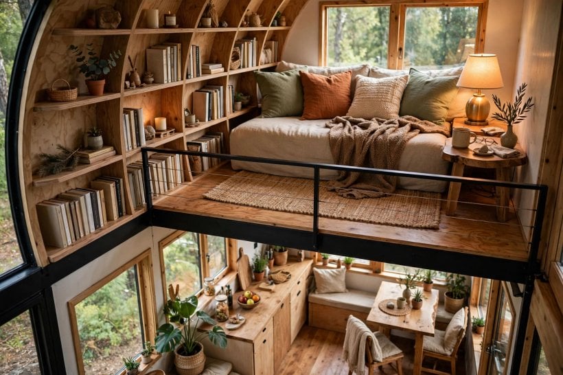 gooseneck tiny house floor plans: raised platform lounge with a low sofa and bookshelves in the curved nose
