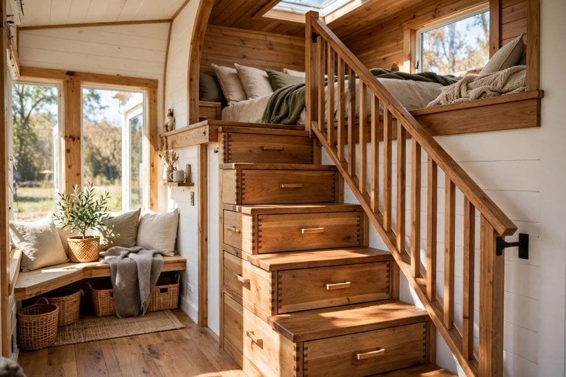 gooseneck tiny house floor plans: wooden staircase with storage drawers leading up to the platform