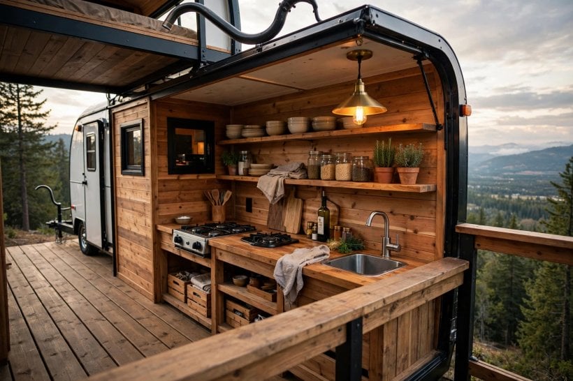 gooseneck tiny house floor plans: compact kitchen on the main deck beside the raised platform