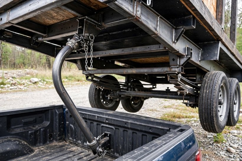 gooseneck tiny house floor plans: gooseneck trailer frame and hitch neck over a pickup truck bed