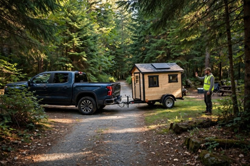 gooseneck vs bumper pull weight analyzer: reversing a gooseneck tiny house into a tight campsite