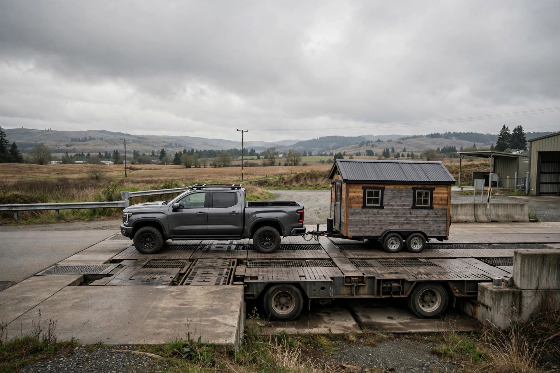 gooseneck vs bumper pull weight analyzer: weighing a tiny house and truck on a commercial scale