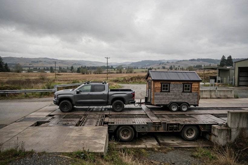 gooseneck vs bumper pull weight analyzer: weighing a tiny house and truck on a commercial scale